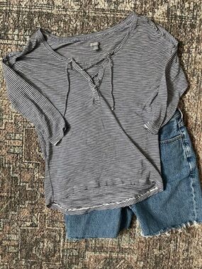 Aerie Striped Lace Up Henley XS Navy White Nautical 3/4 Sleeve Tee Casual